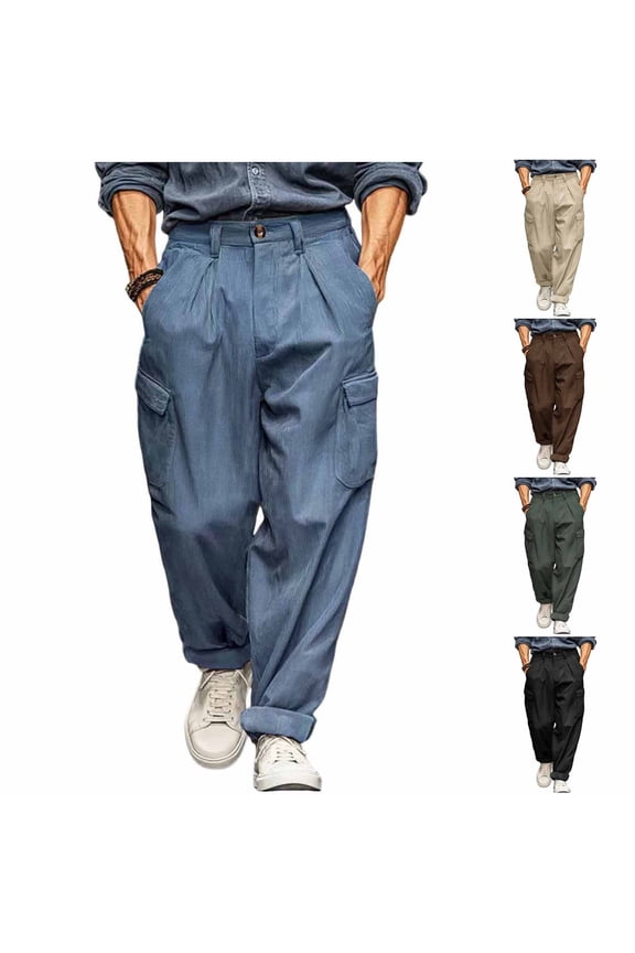 Men's Pleated Cargo Pants Loose Fit Straight Leg Button Closure Casual Work Autumn Winter Trousers with Utility Pockets for Urban Streetwear and Everyday Outdoor Activities