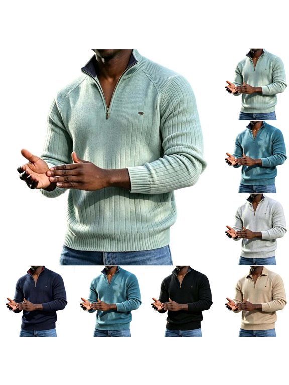 Men's Quarter Zip Ribbed Sweater — Mock Neck Long Sleeve Pullover Top with Metallic Logo Patch Regular Fit Casual Autumn Winter Jumper for Work and Outdoor Adventures