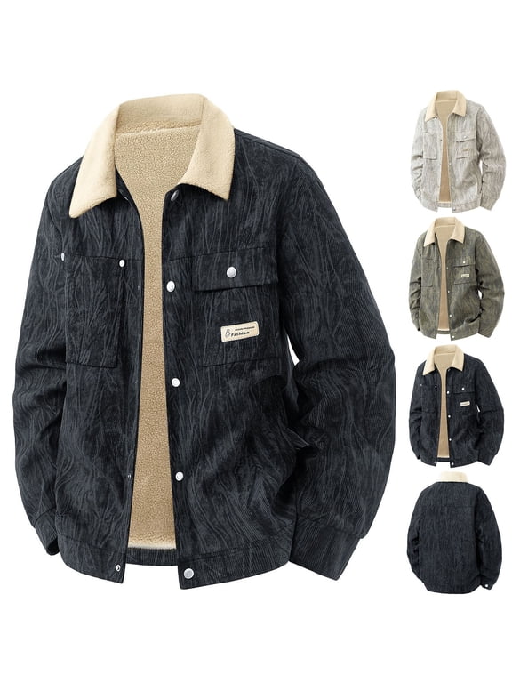 Sherpa Lined Trucker Jackets for Men Button Down Casual Winter Outwear with Collar Patch Pockets and Water Ripple Texture for Cold Weather Daily Wear and Travel