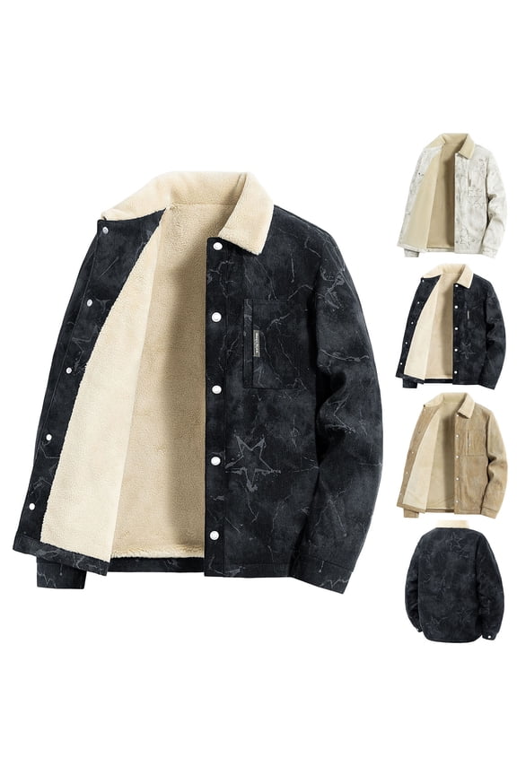 Men's Sherpa Lined Trucker Jacket Faux Suede Snap Button Casual Winter Outwear Turn-Down Fleece Collar with Star Pattern for Daily Streetwear and Winter Travel