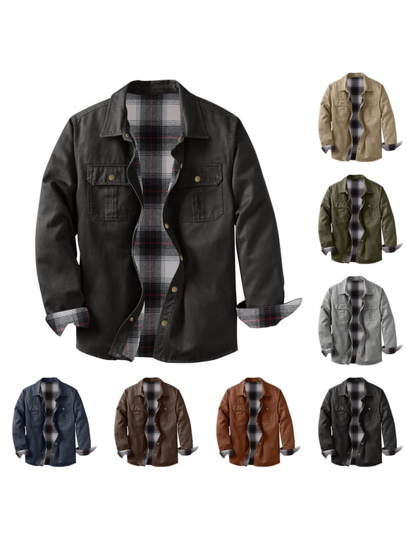 Men's Snap Button Shacket Jacket Casual Plaid Lined Collared Outwear with Chest Flap Pockets Mid-Weight Autumn Winter Shirt Coat for Daily Wear