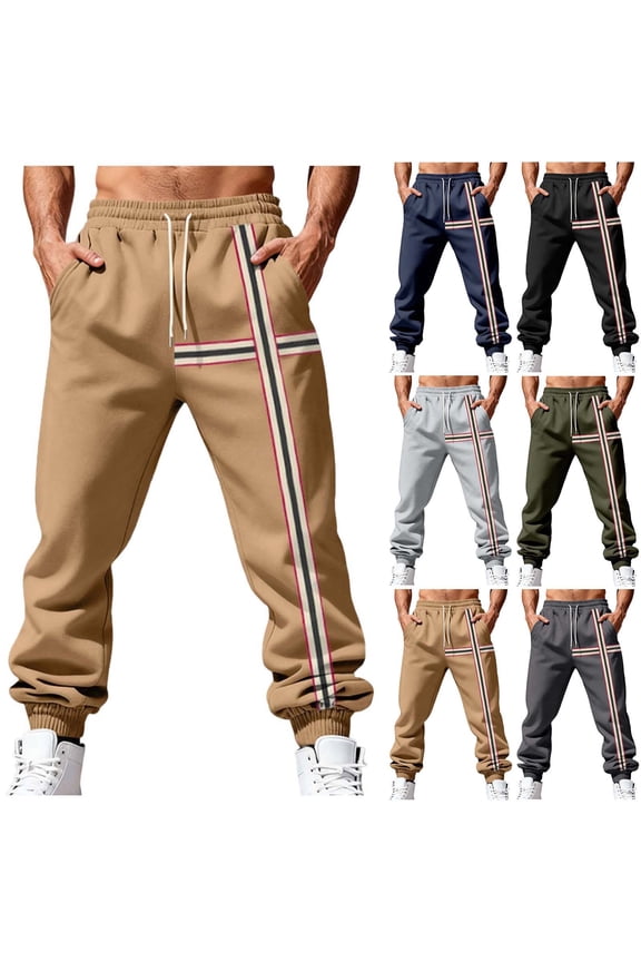 Men's Striped Jogger Sweatpants Casual Drawstring Elastic Waist Cuffed Athletic Trousers with Side Tape Detail Comfortable Sportswear for Gym Running Daily Streetwear Fashion