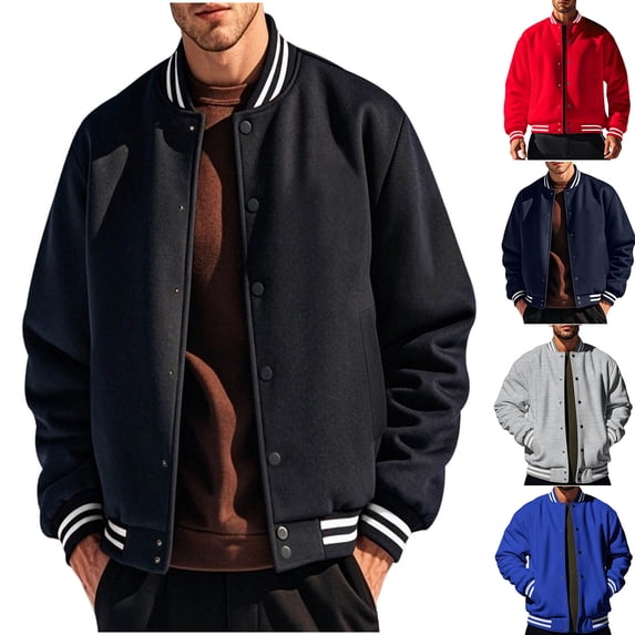 Umfun Varsity Bomber Jackets for Men Snap Button Casual Baseball Coat with Striped Ribbed Cuffs Stand Collar Autumn Winter Streetwear Outerwear for Daily Wear