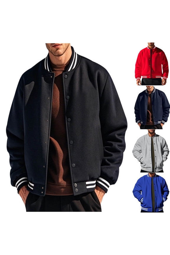 Men's Varsity Bomber Jacket Snap Button Casual Baseball Coat with Striped Ribbed Cuffs Stand Collar Autumn Winter Streetwear Outerwear for Daily Wear