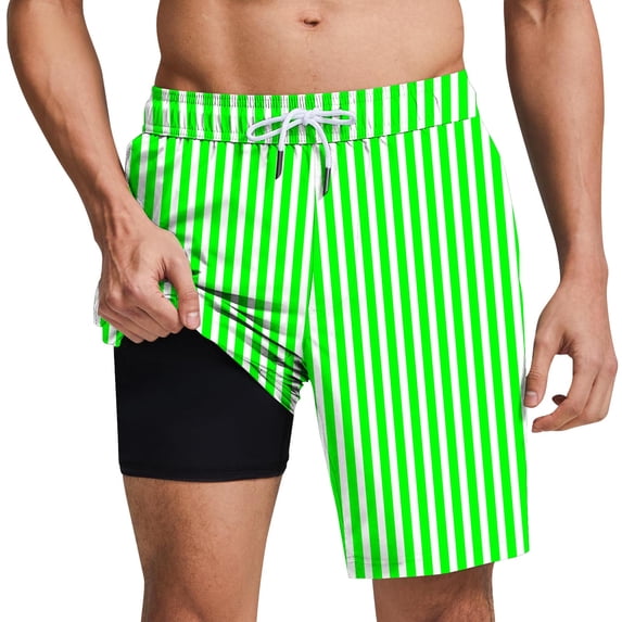 Umfun Men's Vertical Stripe Board Shorts Elastic Waist Premium Compression Inner Swim Trunks for Swimming Training and Water Sports