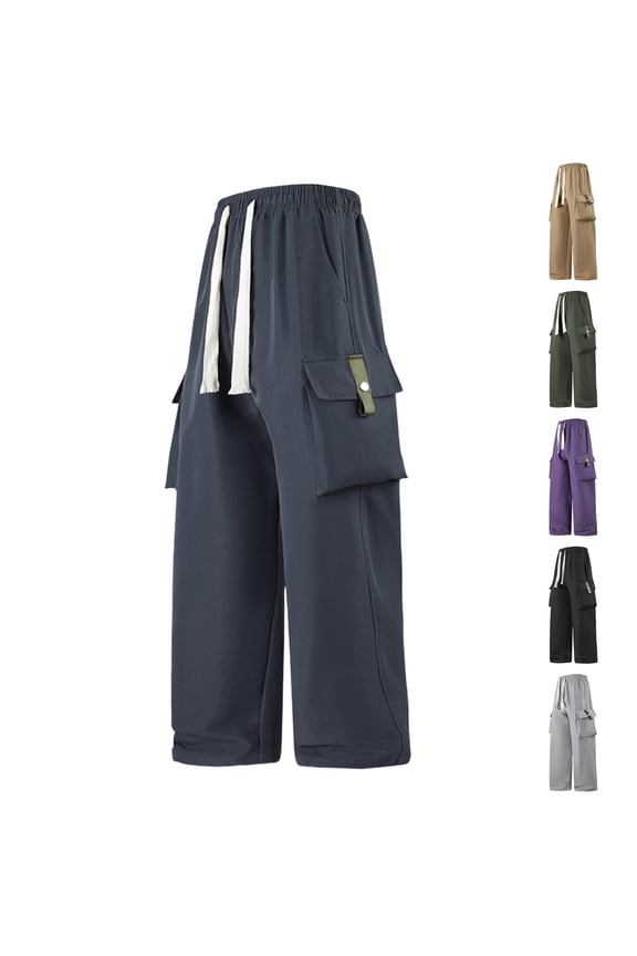 Men's Wide Leg Cargo Pants Loose Fit Baggy Straight Trousers with Flap Pockets Drawstring Elastic Waist Casual Streetwear Hip Hop Bottom 2026 Trendy Outfits for Men Autumn Winter