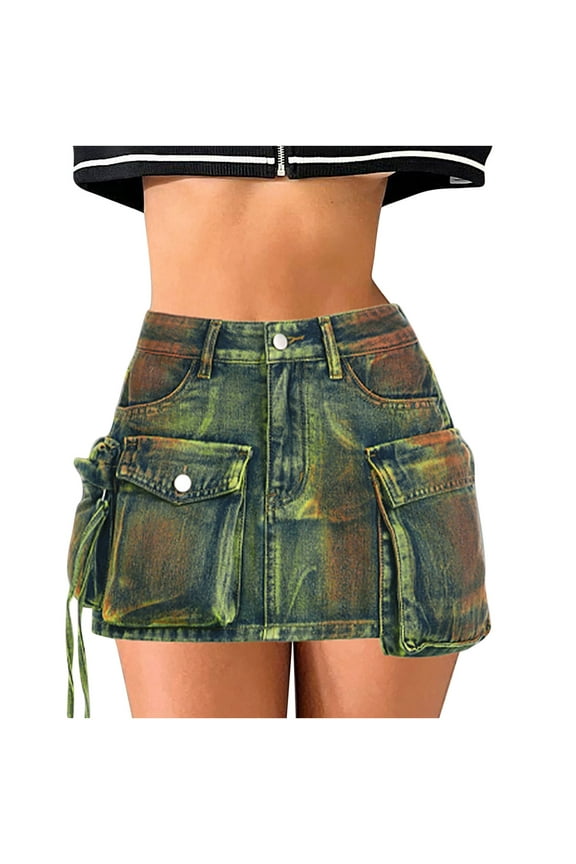 Mini Skirts for Women Trendy Patchwork Irregular High Waisted Button Slim Fitting Denim Short Skirt with Pockets Khaki L