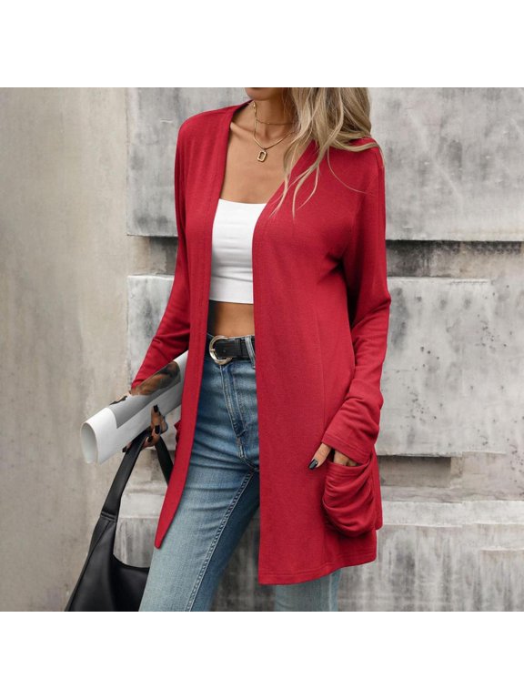 Open Front Long Sleeve Duster Cardigan Sweaters for Women Casual Work - Loose Fit Basic Long Sweater Coat with Pockets for Daily Wear