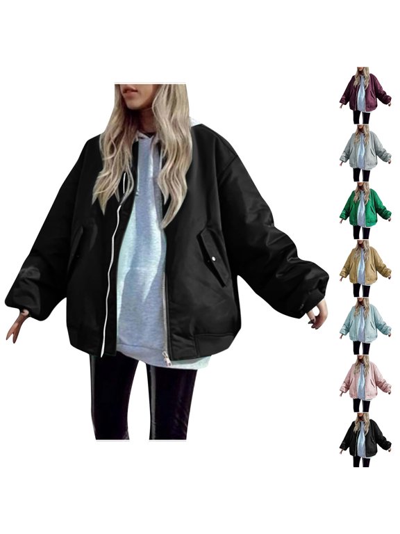 Oversized Zip Up Bomber Jacket for Women - Relaxed Loose Fit Streetwear Outerwear with Soft Ribbed Cuffs and Side Pockets for Casual Weekend Outings and Urban Daily Wear
