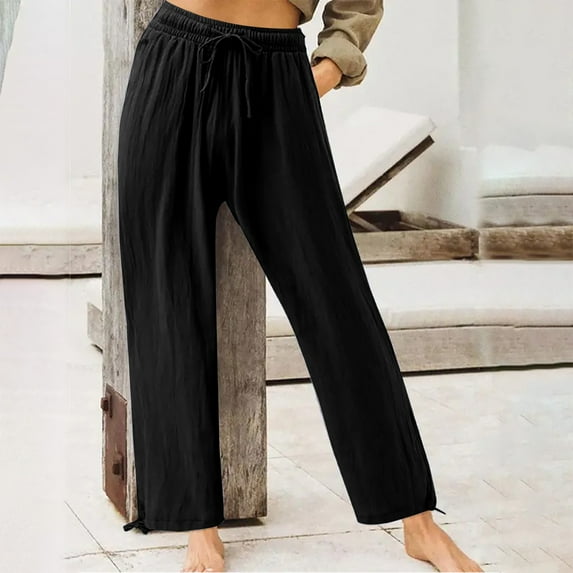 Umfun Pants for Women Casual Summer Elastic High Waist Linen Pant Pockets Straight Leg Pant Cropped Trouser Black XL