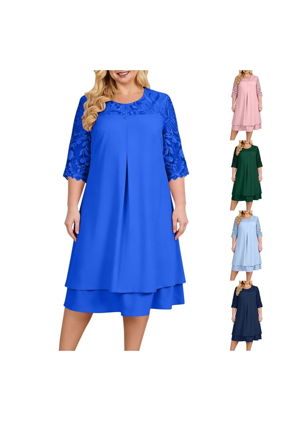 Plus Size Knee Length Dress with Lace Sleeves - Modest Flowy A-Line Dress for Daily Wear, Wedding Guest, Formal Occasions, and Church Events