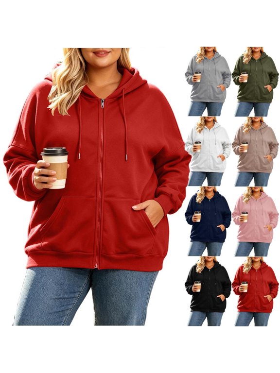 Plus Size Oversized Full Zip Hoodies for Women Drawstring Casual Fall Winter Sweatshirt Jackets for Women with Pockets for Work Office and Daily Wear Activities