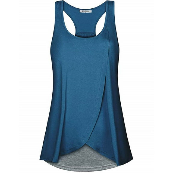 Umfun Pregnant Women Clothes Round Neck Sleeveless Stitching Nursing Top Blue L