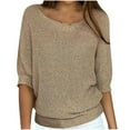 thumbnail image 1 of Umfun Pullover Sweaters for Women Loose Casual Knitted Solid Printed Sweater Round Neck 3/4 Sleeve Soft Touch Lightweight Sweaters Khaki 2XL, 1 of 5