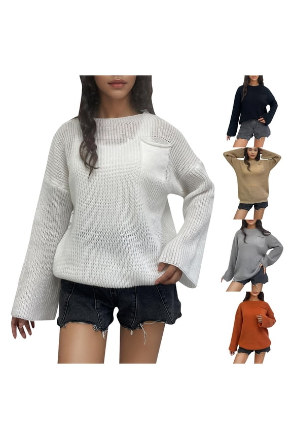 Relaxed Fit Crew Neck Knit Pullover Sweater for Women with On-Trend Bell Sleeves and a Functional Front Chest Pocket - Ideal for Effortless Weekend Street Style and Cozy Home Lounging