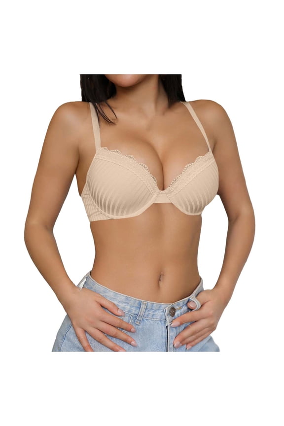 Romantic Ribbed Push-Up Bra with Lace Trim for Women - Wirefree Demi Cup Bandeau for Enhanced Lift & a Natural, Shaping Fit