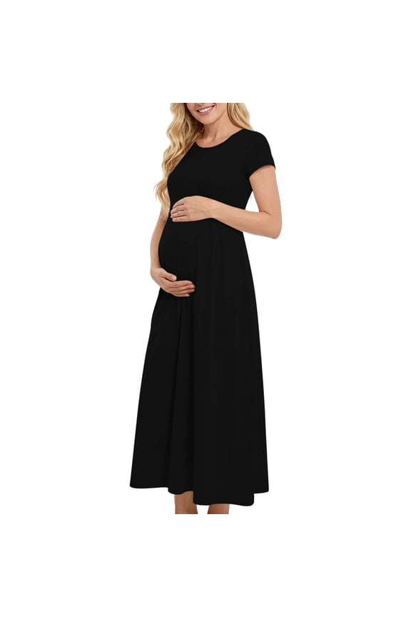 Round Neck Long Maxi Maternity Dress Short Sleeve Solid Flowy Hem Casual Loose Long Length All Season Maternity Daily Photoshoot Dress
