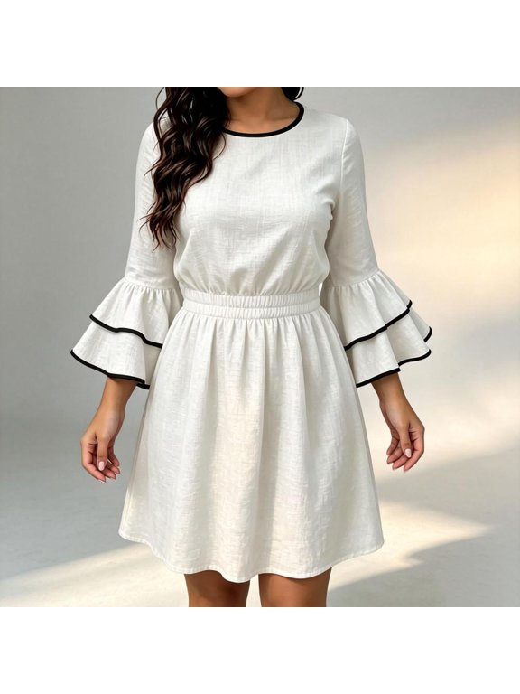 Ruffle Sleeve Round Neck Midi Dresses for Women Casual Party - A-Line Flowy Tunic Dress for Daily Wear.