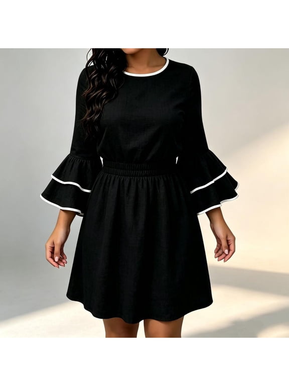 Ruffle Sleeve Round Neck Midi Dresses for Women Casual Party - A-Line Flowy Tunic Dress for Daily Wear.