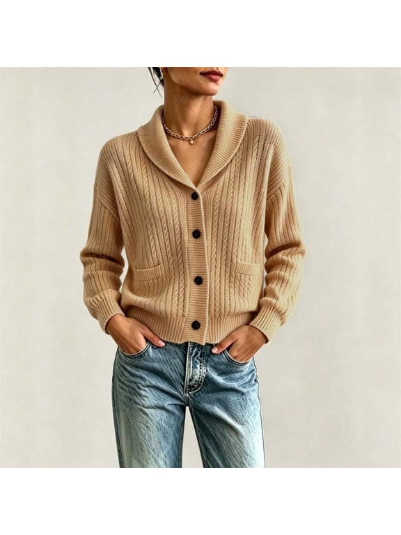 Shawl Collar Cable Knit Cardigan Sweaters for Women Button Down Casual Fall Winter Cropped Jackets for Women with Pockets for Vacation and Daily Wear Activities