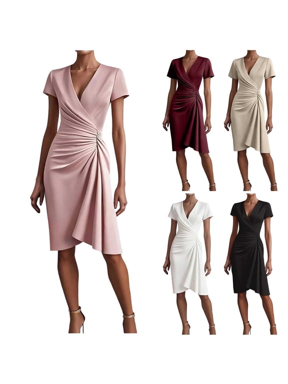 Slimming Ruched Wrap Front Midi Dress with Short Sleeves - Stretch Faux-Wrap Cocktail Dress Featuring Cinched Waist for Office Party and Everyday Wear