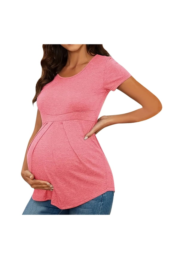 Solid Crew Neck Maternity T Shirt Short Sleeve Ruched Side Curved Hem Soft Stretchy All Trimester Pregnancy Casual Basic Daily Layering Top