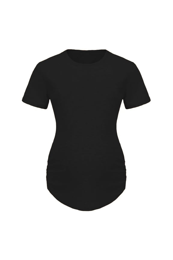 Solid Crew Neck Maternity T Shirt Short Sleeve Ruched Side Curved Hem Soft Stretchy All Trimester Pregnancy Casual Basic Daily Layering Top