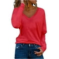 thumbnail image 1 of Umfun Solid V Neck Long Sleeve Casual Versatile Women's Top Bottom Red 3XL, 1 of 5