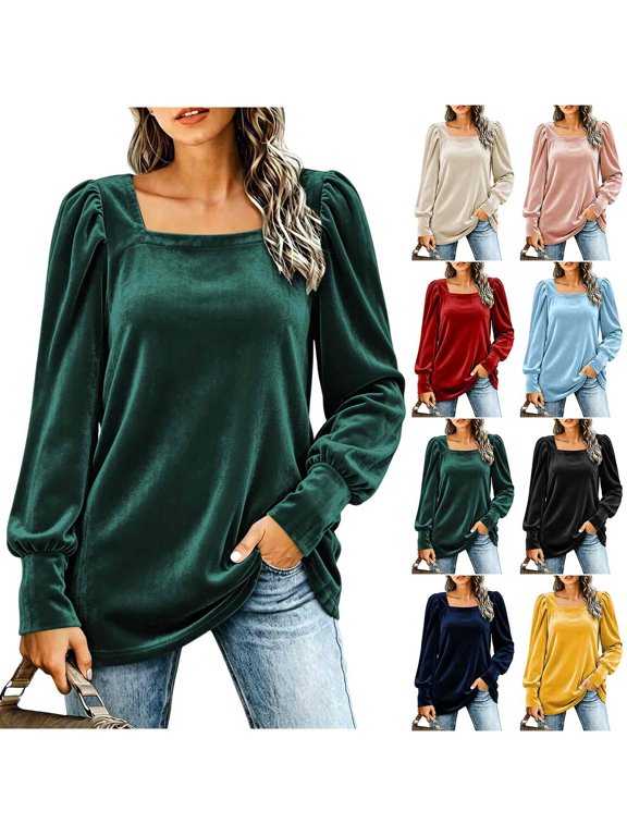 Square Neck Velvet Tops for Women Long Sleeve Puff Sleeve Blouse Elegant Fall Winter Loose Fit Pullover Shirt with Bubble Sleeves for Casual and Party Wear XL Size Navy