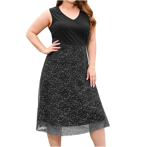 Umfun Summer Dresses for Women 2023, Casual Tank T-shirt Dress Size XL to 4XL, V-Neck Casual Sleeveless Solid Dresses Cocktail Dress Black