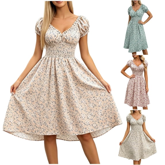 Umfun Sweet Floral Puff Sleeve Smocked Midi Dress with Flattering Fit for Spring and Summer Parties, Daily Wear, and Romantic Garden Events