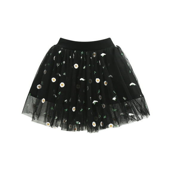 Umfun Toddler Girls Cute Party Dance Costume Solid Color Net Yarn Crimping Daisy Embroidery Tulle Skirt Black 4 Years