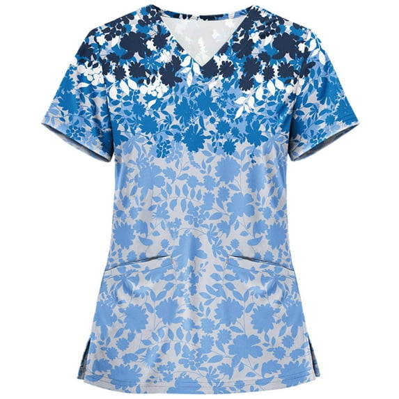 Umfun Top for Women, Scrubs Tops with Pocket for Women, Short Sleeve V-neck Nurse Tops Printed Working Uniform Blouse Working Tops Blue 2XL