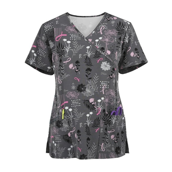 Umfun Top for Women, Scrubs Tops with Pocket for Women, Short Sleeve V-neck Nurse Tops Printed Working Uniform Blouse Working Tops Gray S
