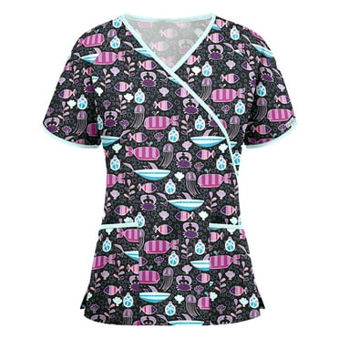 Umfun Top for Women, Scrubs Tops with Pocket for Women, Short Sleeve V-neck Nurse Tops Printed Working Uniform Blouse Working Tops Mint Green 2XL