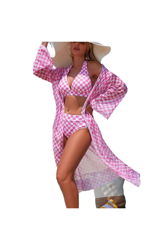 Trendy 3-Piece Checkered Bikini Set with Kimono Cover-Up - High Waist Swimsuit & Long Sleeve Robe for Vacation & Beach Resort