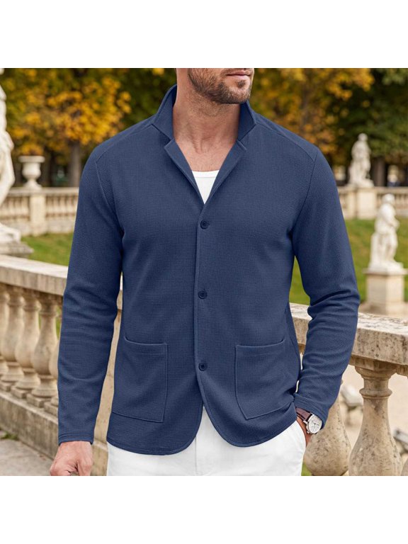 Waffle Textured Button Down Long Sleeve Cardigan for Men Casual Work Tops - V-Neck Slim Fit Sweater Shirt.