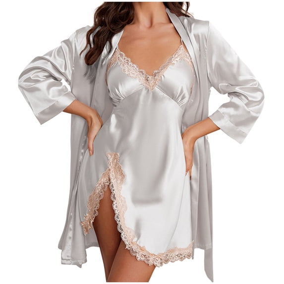 Umfun Women 2 Pieces Satin Robe Pajama Set Lace Trim Silky Nightwear Set for Wedding and Bridal Party