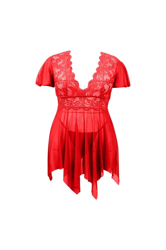 Women Alluring Lace Mesh V Neck Flutter Sleeve Plus Size Chemise Pajama Set