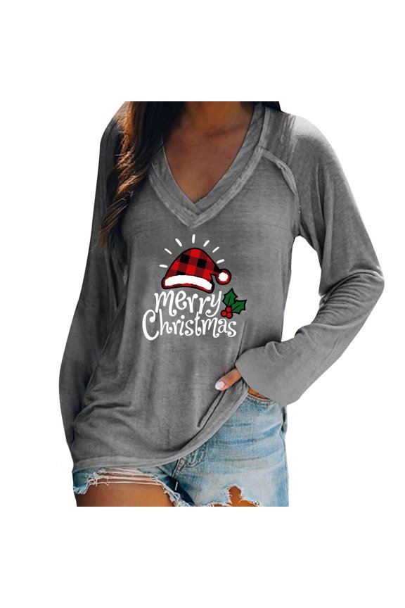 Women Casual Print Christmas Loose Long Sleeve V Neck Tops Gray S