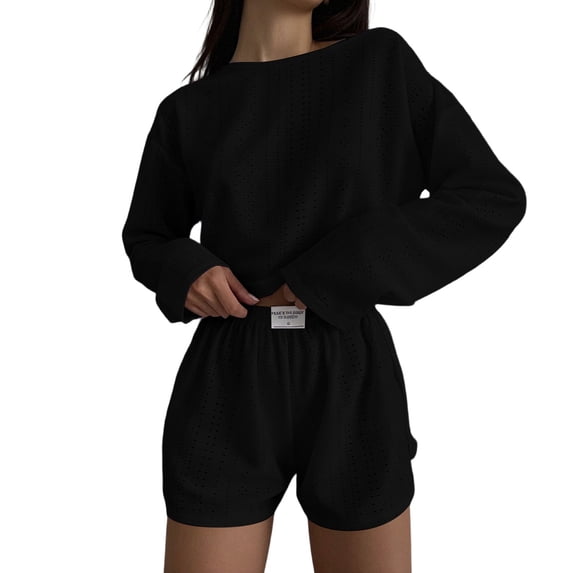 Umfun Women Casual Waffle Long Sleeve Top and Shorts Cozy Soft All Match Daily Indoor Relax Loungewear Pajama Set
