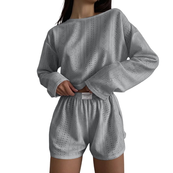 Umfun Women Casual Waffle Long Sleeve Top and Shorts Cozy Soft All Match Daily Indoor Relax Loungewear Pajama Set