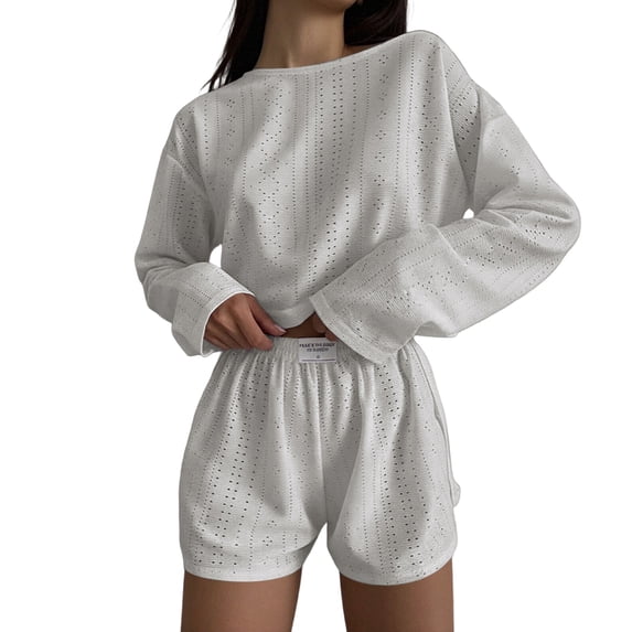 Umfun Women Casual Waffle Long Sleeve Top and Shorts Cozy Soft All Match Daily Indoor Relax Loungewear Pajama Set