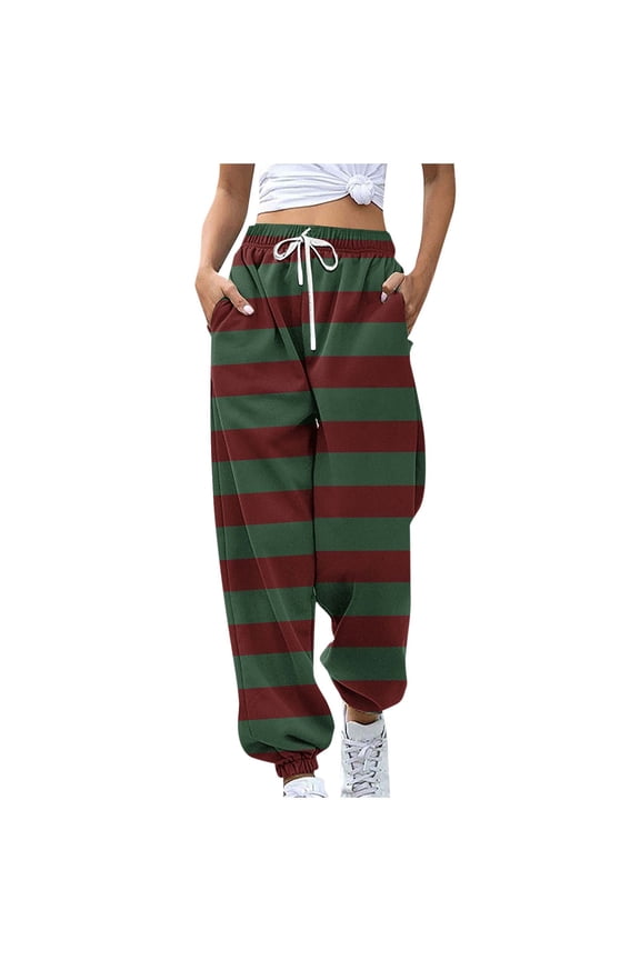 Women Color Block Striped Bunched Feet Pants Elastic Waist Casual Sweatpants with Side Pockets Loose Fit for Sports and Streetwear