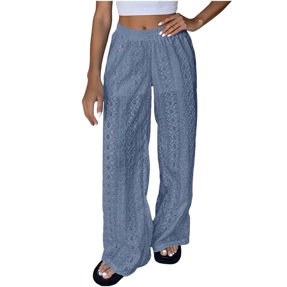 Umfun Women Elastic Waist Eyelet Embroidered Wide Leg Pants Lightweight Casual Trousers with Geometric Pattern Breathable & Loose Fit for Summer and Beach Wear