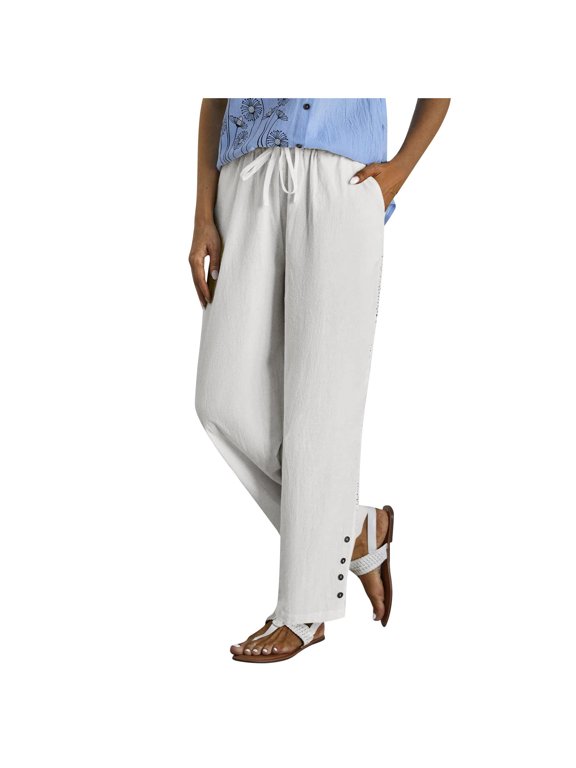 Women Elastic Waist Linen-Blend Cropped Pants Casual Lightweight Trousers with Waistband Eyelet Side Details and Side Buttons Loose Fit for Summer and Everyday Wear