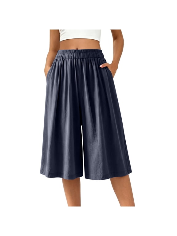 Women Elastic Waist Wide Leg Culottes Casual Linen-Blend Trousers with Side Pockets Loose Fit for Summer and Everyday Wear