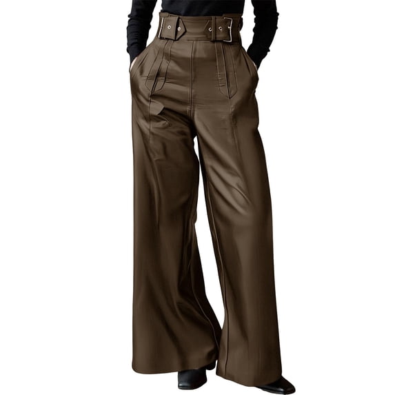 Umfun Women High Waist Faux Leather Wide Leg Pants Stylish Trousers with Buckle Waistband and Front Pleats Structured & Edgy for Casual Wear