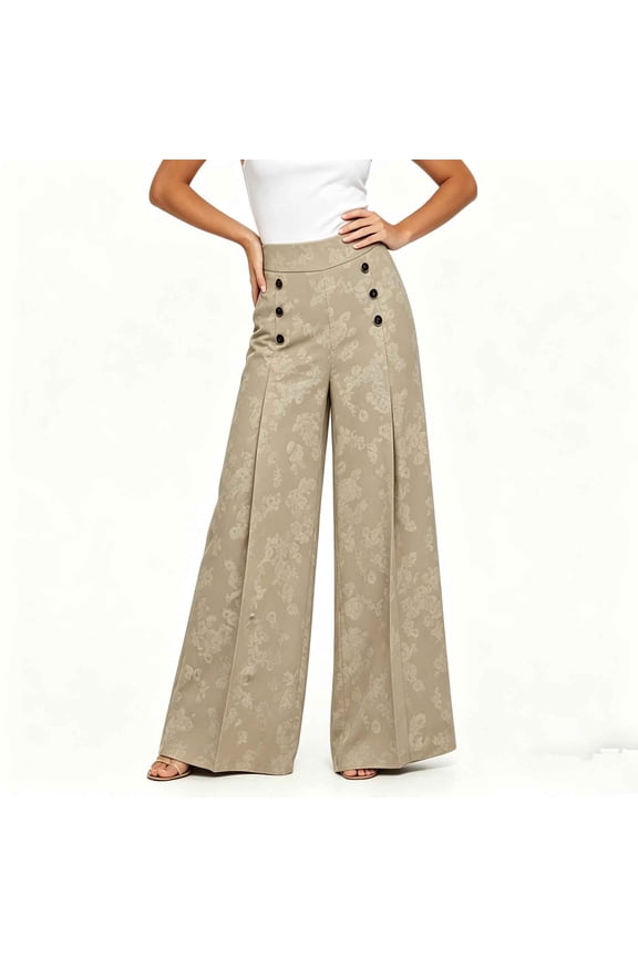 Women High Waist Jacquard Wide Leg Pants Elegant Tailored Trousers with Side Buttons Formal Fit for Everyday Wear and Dressy Occasions