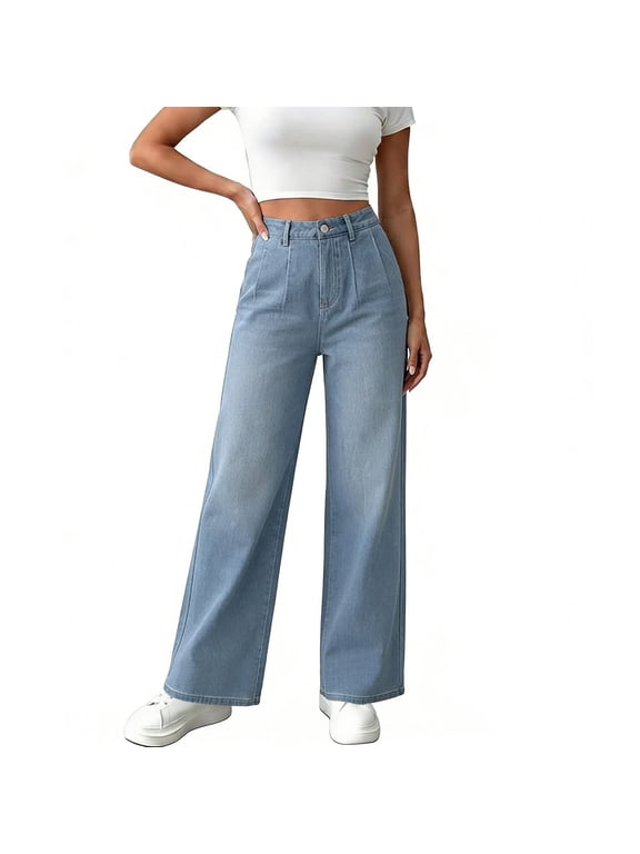 Women High Waist Pleated Wide Leg Jeans Vintage-Inspired Denim Trousers with Button Closure Structured & Stylish for Everyday Wear and Casual Outings